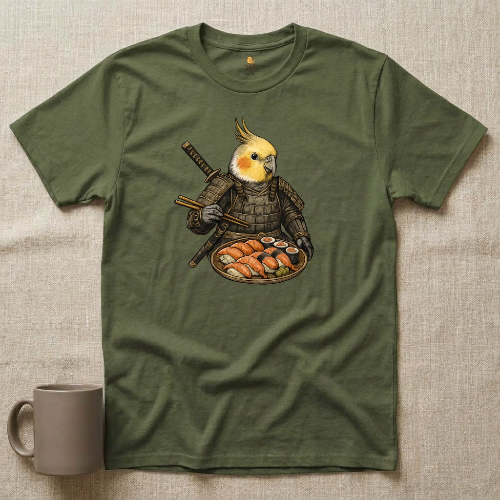 Samurai Cockatiel Eating Sushi