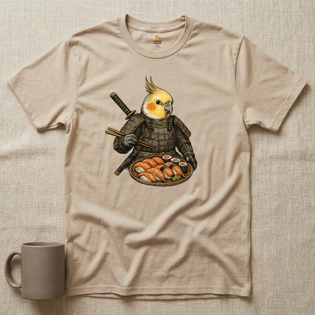 Samurai Cockatiel Eating Sushi